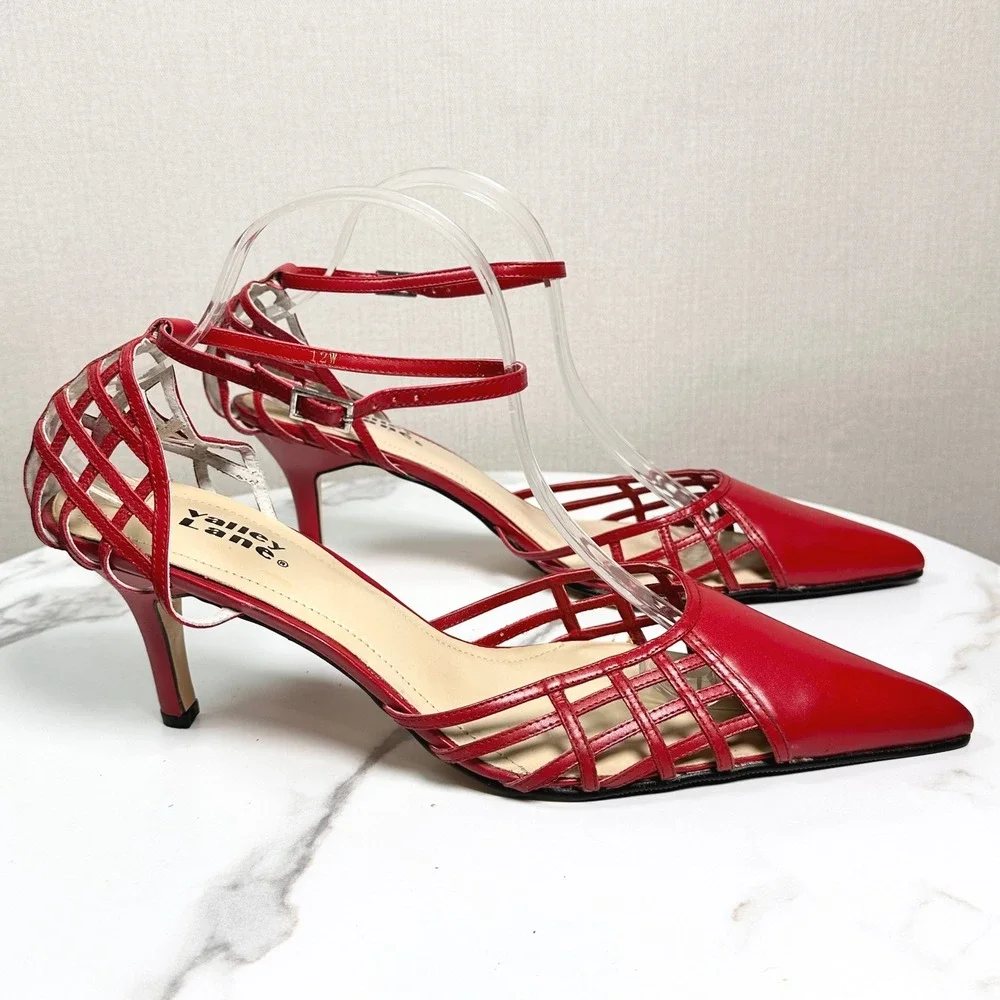 Valley Lane Ruby Red Leather Cage Pointed Toe Ankle Strap 3